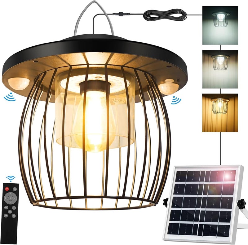 ladate Solar Shed Lights with 2 Motion Sensors, Classic Metal Solar Chandelier Outdoor with 5 Lighting Modes, Waterproof Pendant Lamp with Remote Control for Barn, Gazebo, Garden, Patio(16.4FT Cord) - Image 1